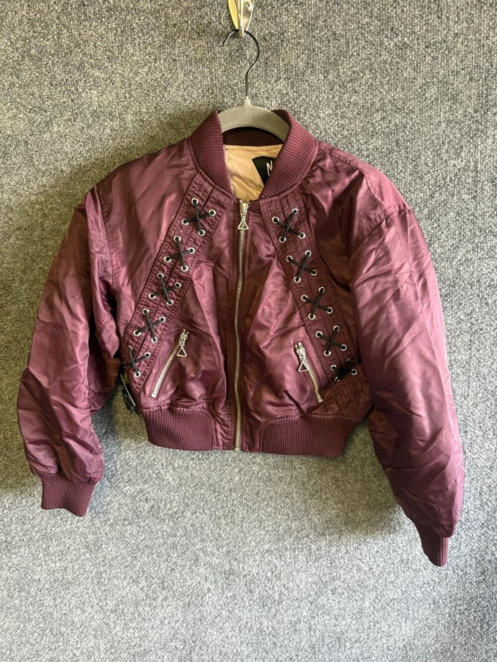 Nasty Gal Bomber Jacket Womens XXS Red Lace Up Zip Pockets Cropped Insulated